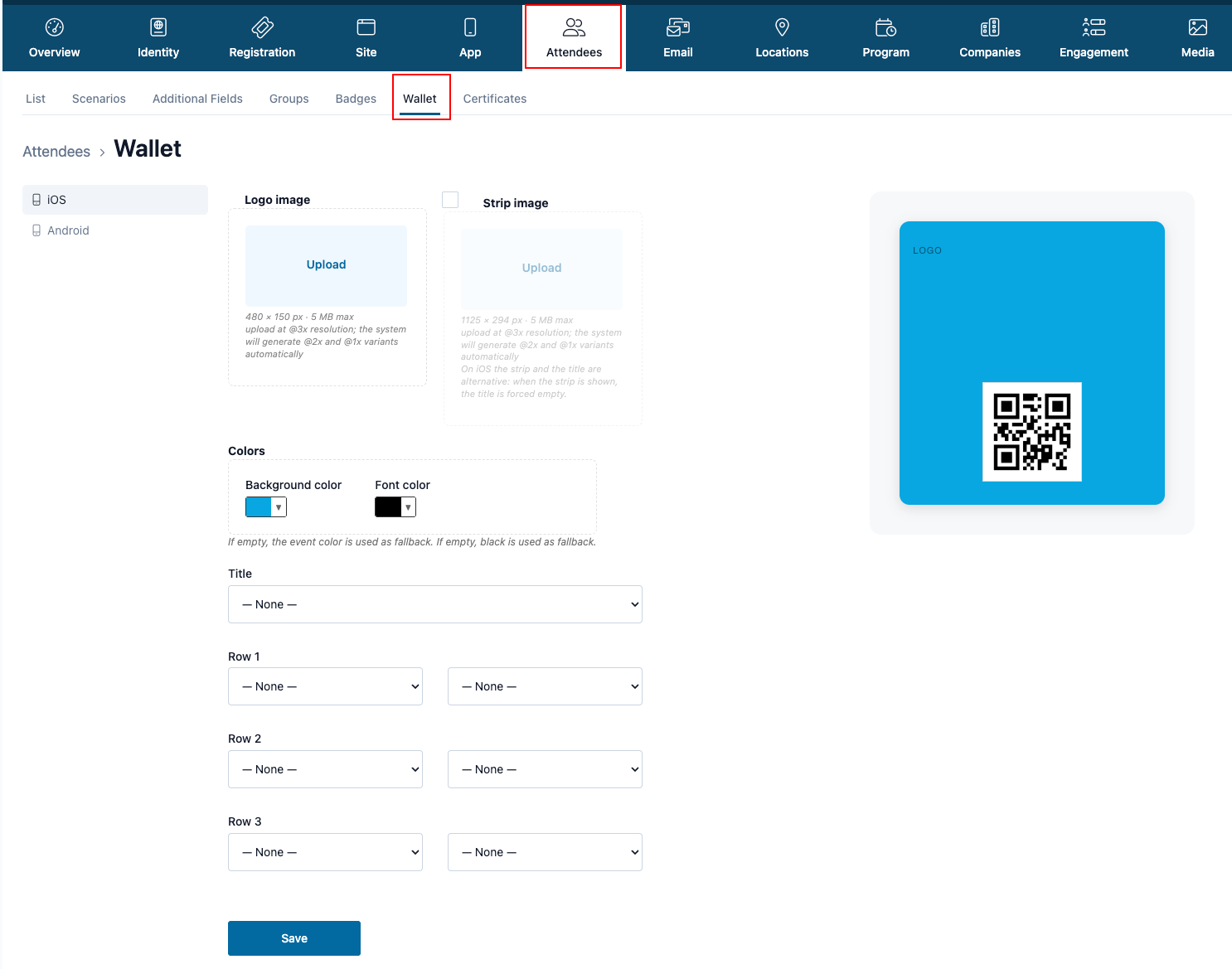Vista generale del Configuratore Wallet con impostazioni grafiche e anteprima del pass