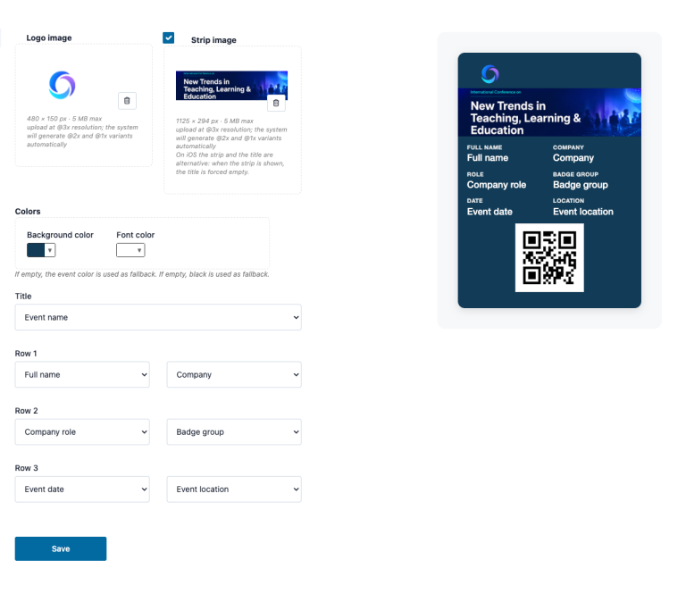 Configurazione grafica del Wallet con logo, strip image, colori e anteprima del pass