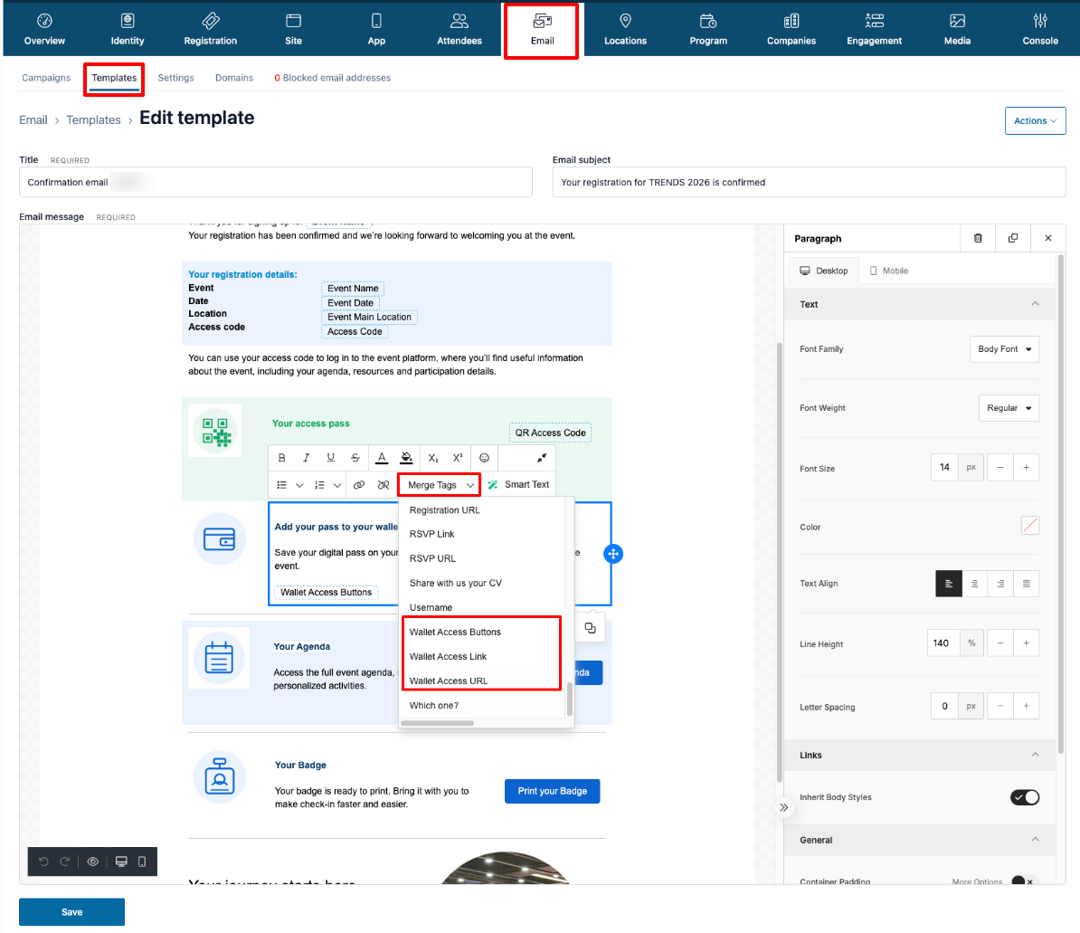Editor del template email con i merge tag per l’accesso al Wallet